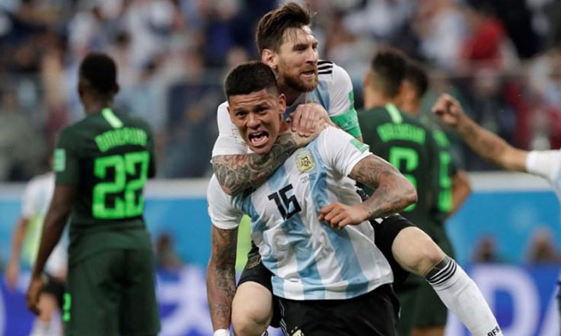 Argentina progressed to the last 16 of the World Cup after an 86th minute strike