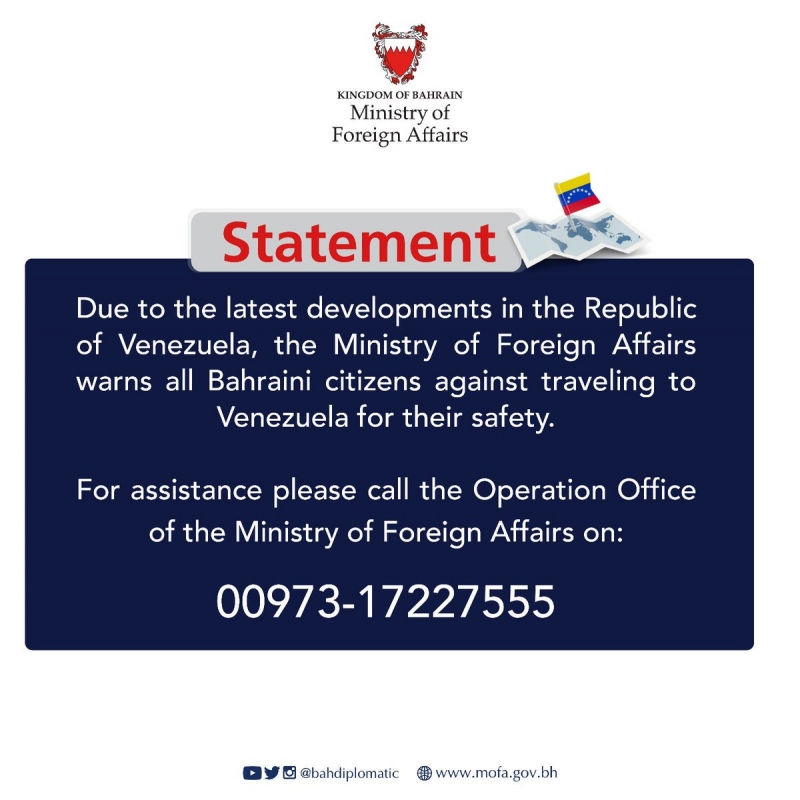 Breaking News: Bahraini citizens warned against travelling to Venezuela