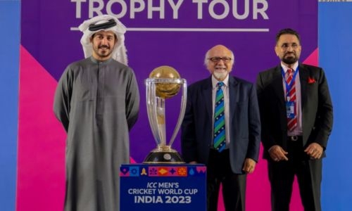 Shaikh Khalid attends event marking arrival of ICC Cricket World Cup trophy