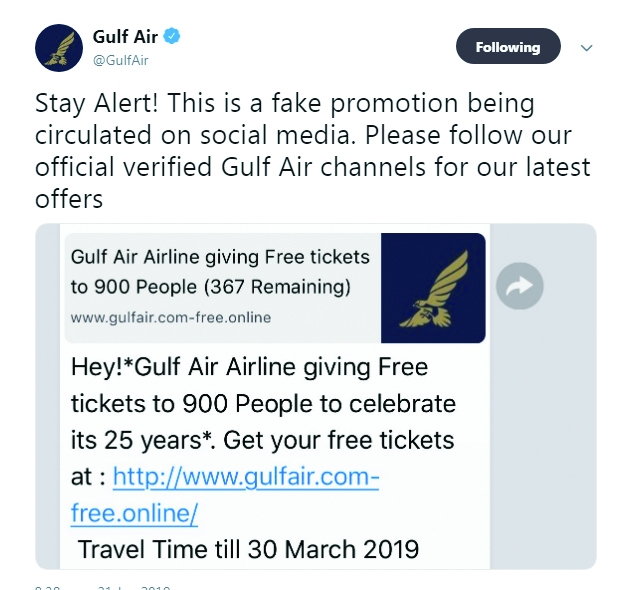 Gulf Air issues alert over ‘free ticket’ scam