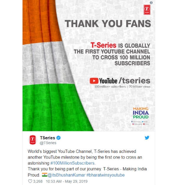 T-Series becomes first YouTube channel to acquire over 100 million subscribers 