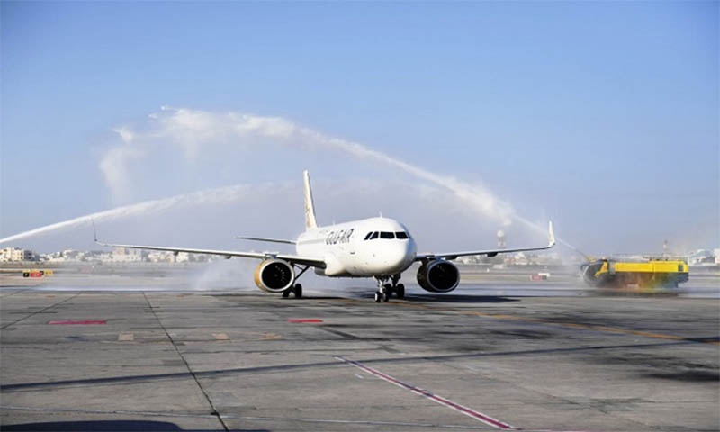 Water cannon salute for GF’s first A320neo, the aircraft is first of the 12 A320neo aircraft ordered during Bahrain Airshow