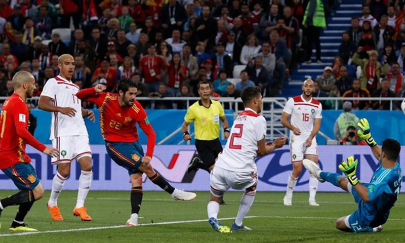 Morocco twice took the lead but Spain fought back to level through Isco and Aspas