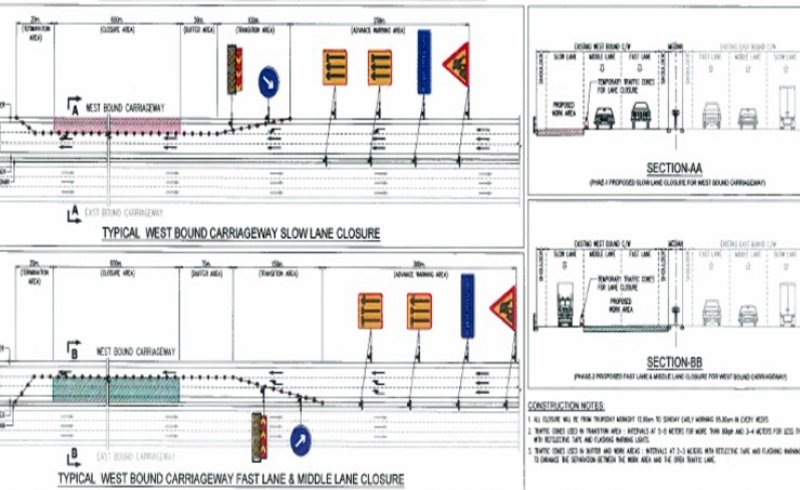 Lane closure for two lanes announced 