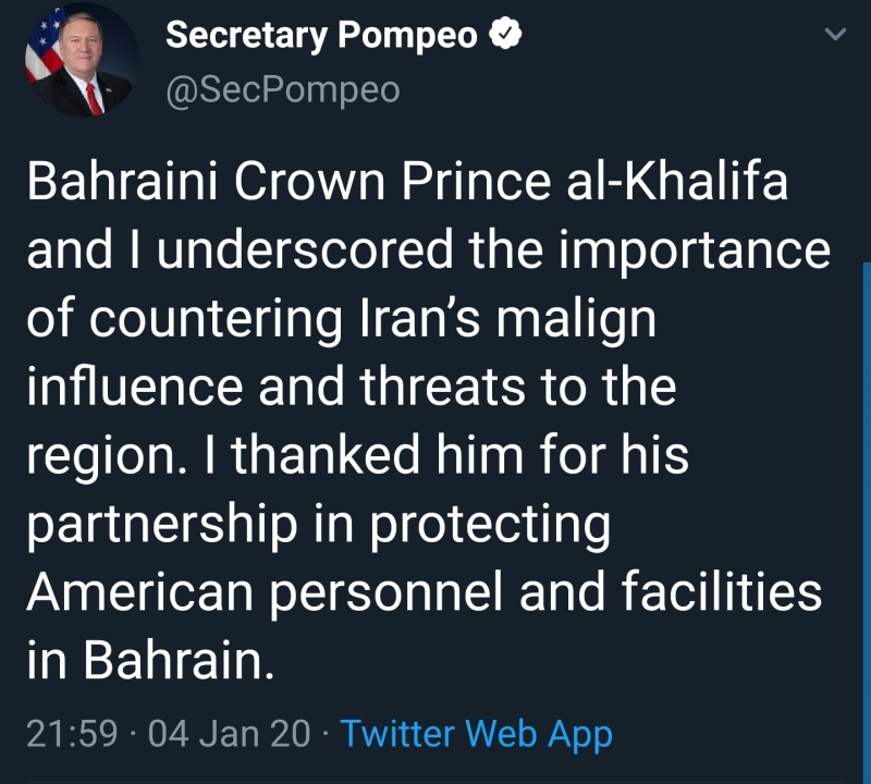 US Secretary of State Mike Pompeo thanked His Royal Highness Prince Salman bin Hamad Al Khalifa, Bahrain's Crown Prince, Deputy Supreme Commander and First Deputy Prime Minister 